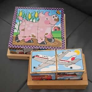 Set Of 2 Melissa & Doug Wooden Blocks - Animal and Vehicle Puzzles